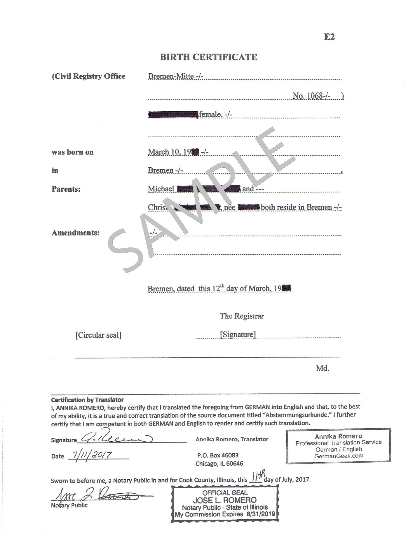 Certified translation of German birth certificate for immigration USCIS